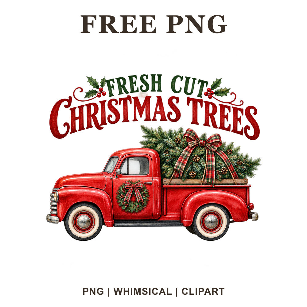 Whimsical Classic Red Tree Farm Christmas Truck Clipart PNG