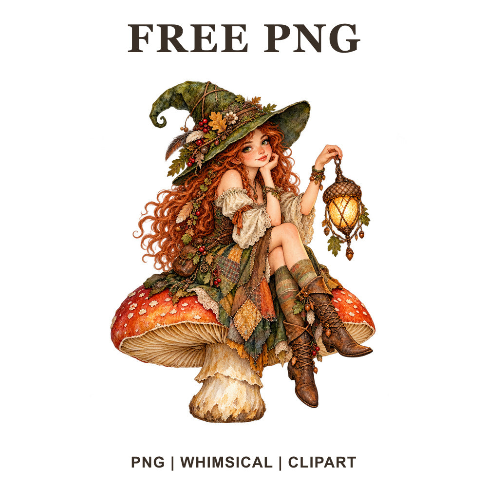 Whimsical Mushroom Cottage Witch Clipart PNG