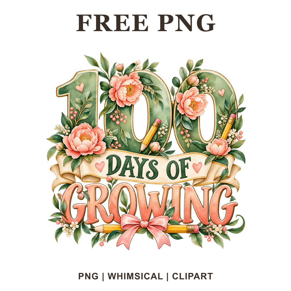 Whimsical Floral Hundred 100 Days Of School Clipart PNG