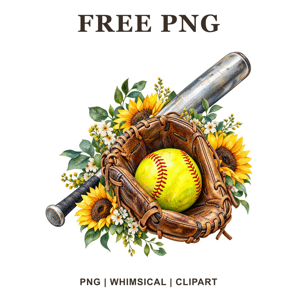 Whimsical Glove And Bat Softball Clipart PNG