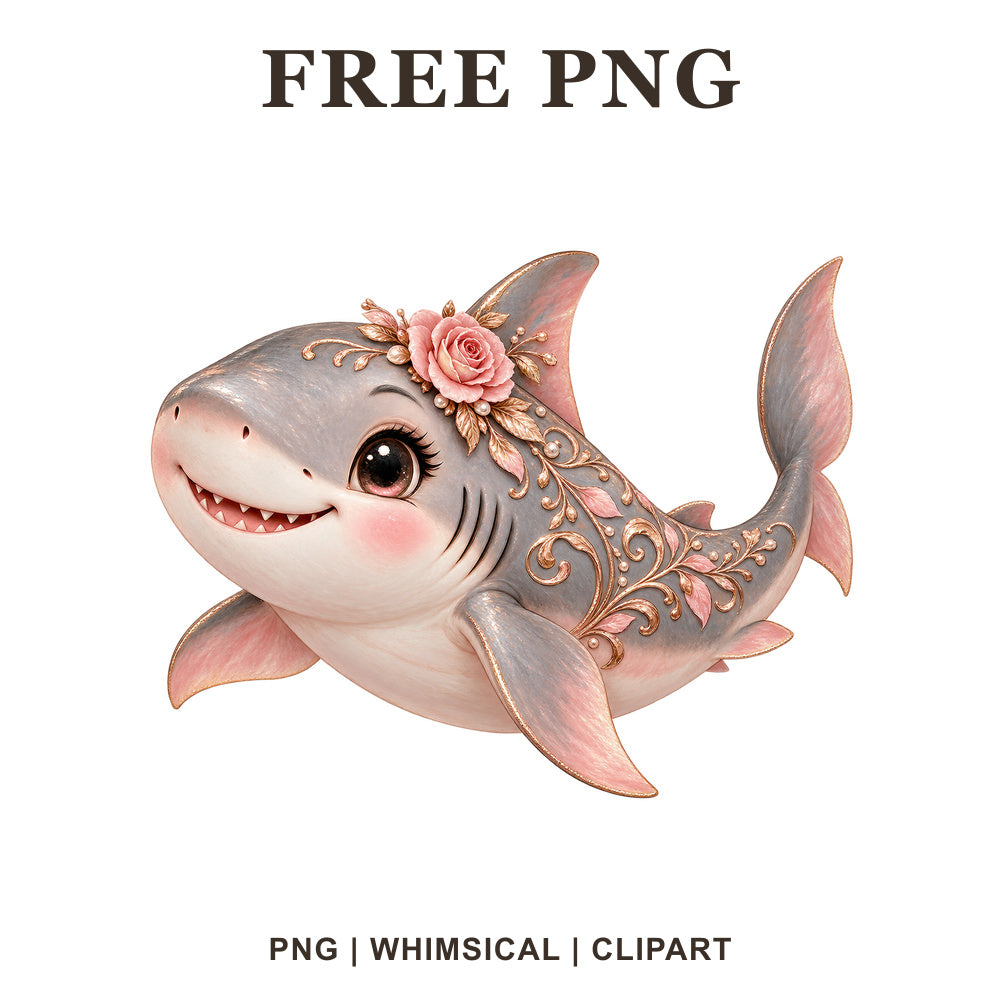 Whimsical Rose Gold Shark Clipart PNG