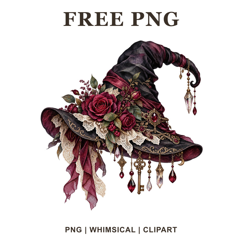 Whimsical Rose Gothic Hat Witch Clipart PNG