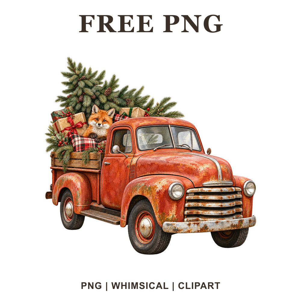 Whimsical Rustic Woodland Fox Christmas Truck Clipart PNG
