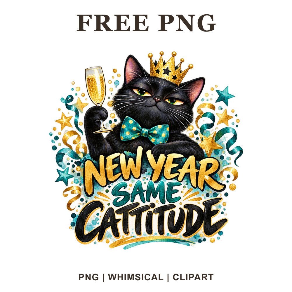 Whimsical Celebration Cat New Year Clipart PNG