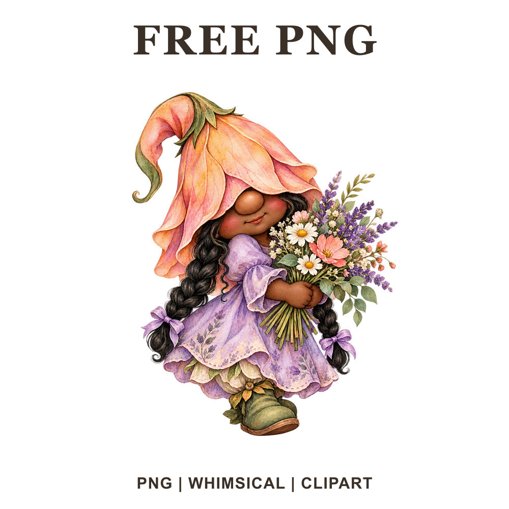 Whimsical Wildflower Bouquet Gnome Clipart PNG