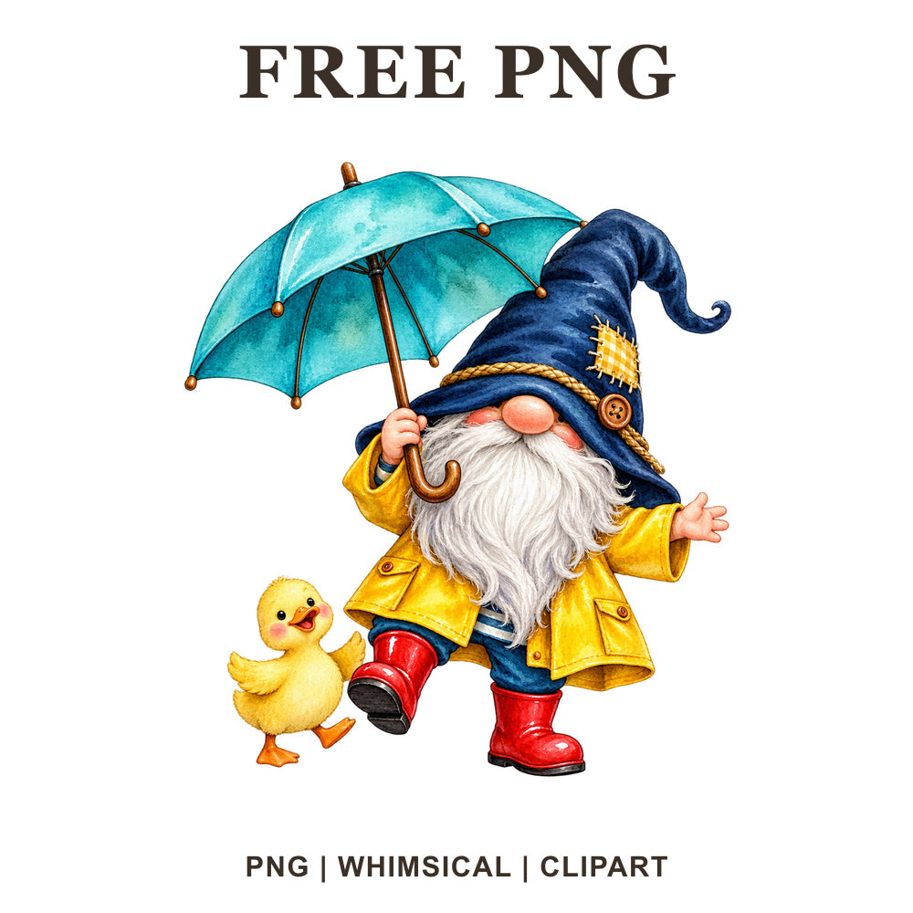 Whimsical Rainy Day Duck Friend Gnome Clipart PNG