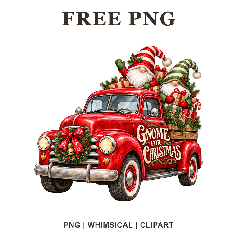 Whimsical Red Gnome Holiday Ride Christmas Truck Clipart PNG