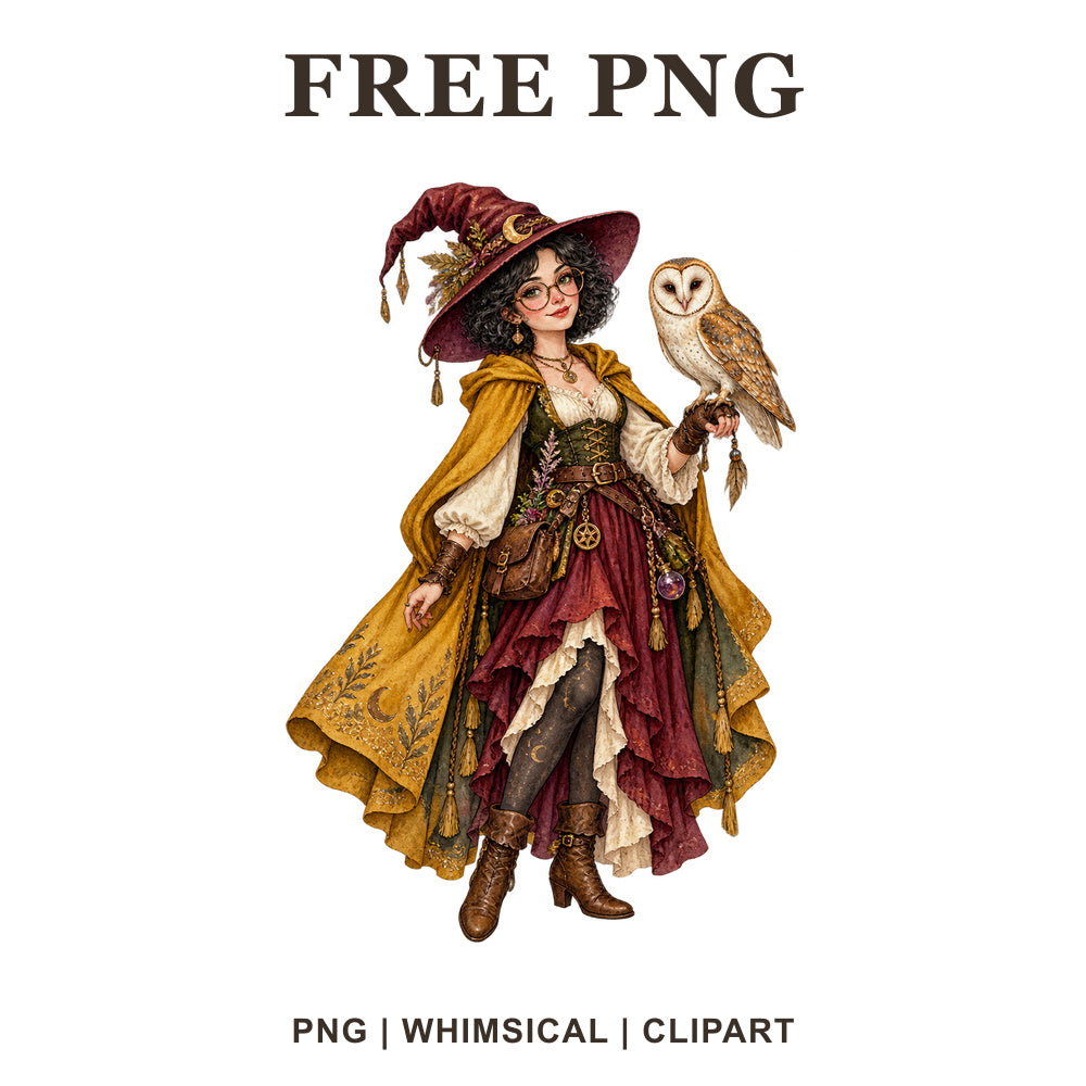 Whimsical Witch And Owl Witch Clipart PNG