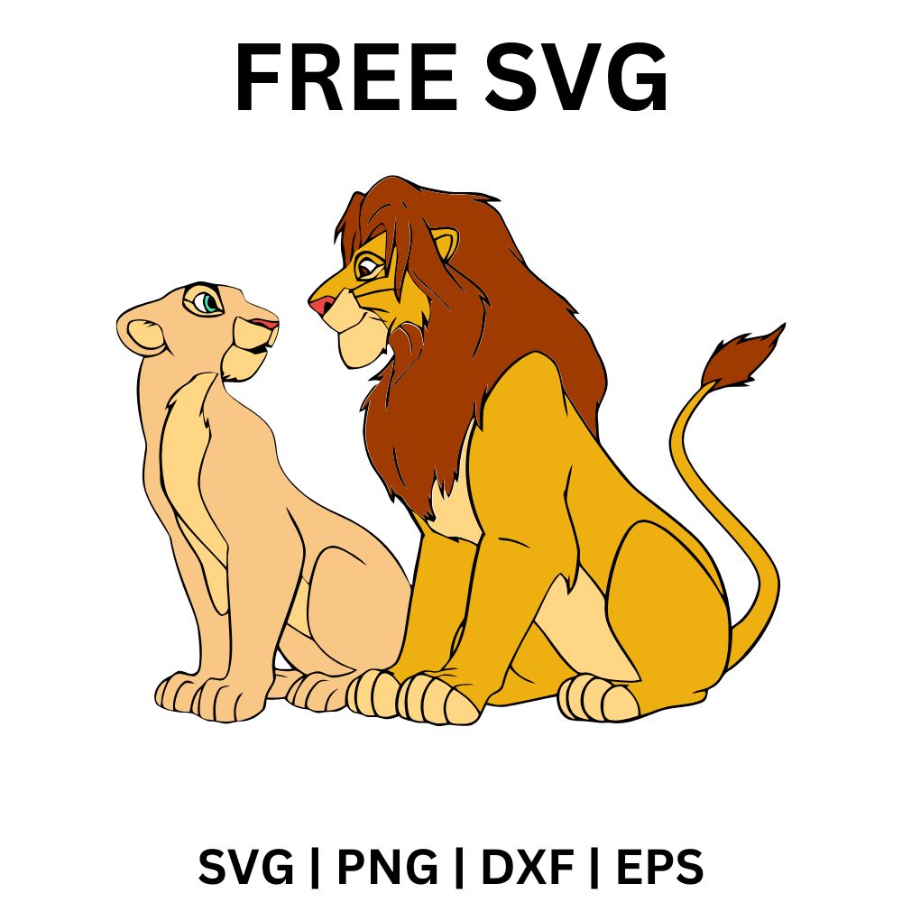 Cream lioness and golden lion with a full red mane sitting face to face and gazing at each other, free lion couple SVG cut file preview.