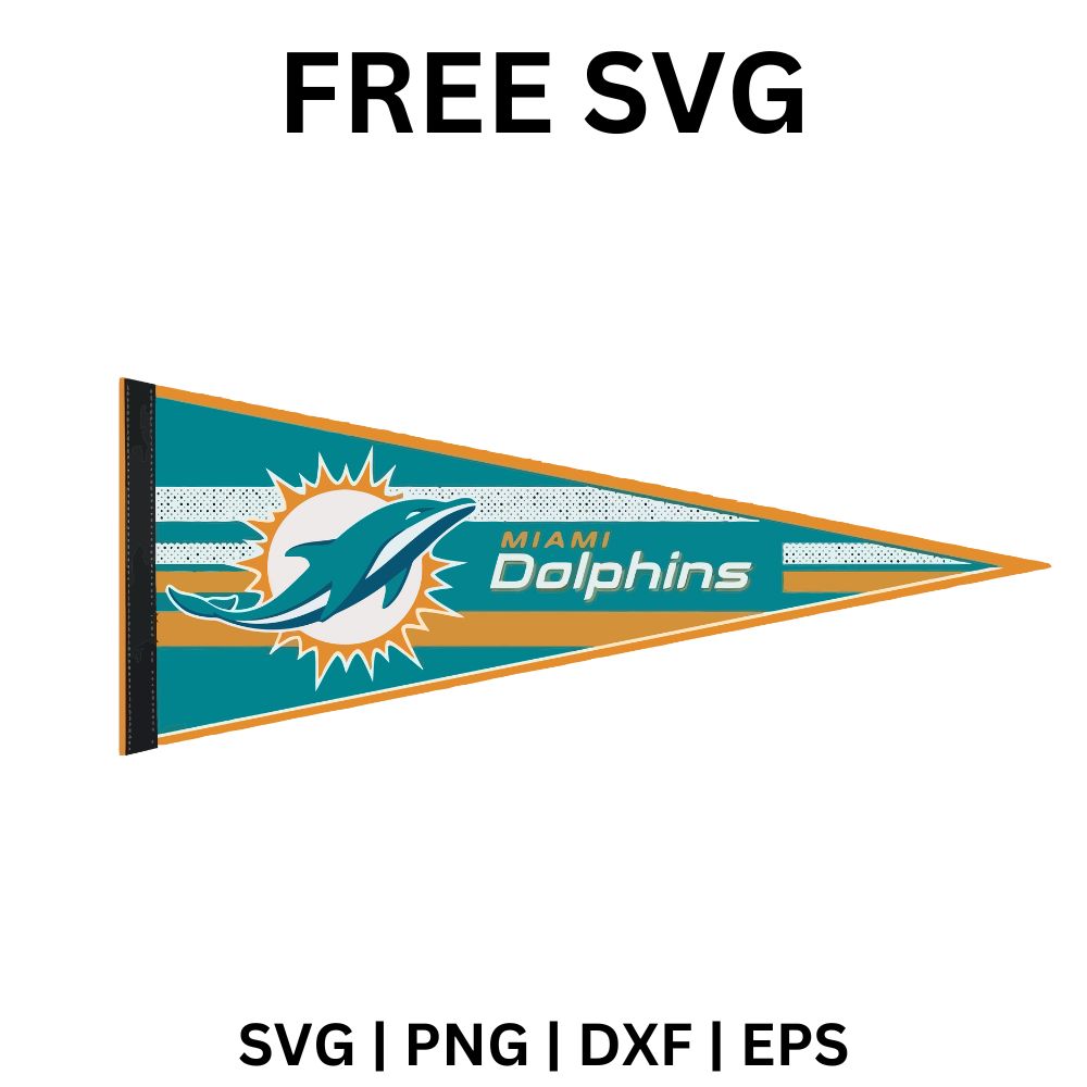 Aqua triangular pennant flag with orange stripes, a white felt edge, a small dolphin emblem and white team lettering, free sports pennant SVG cut file preview.