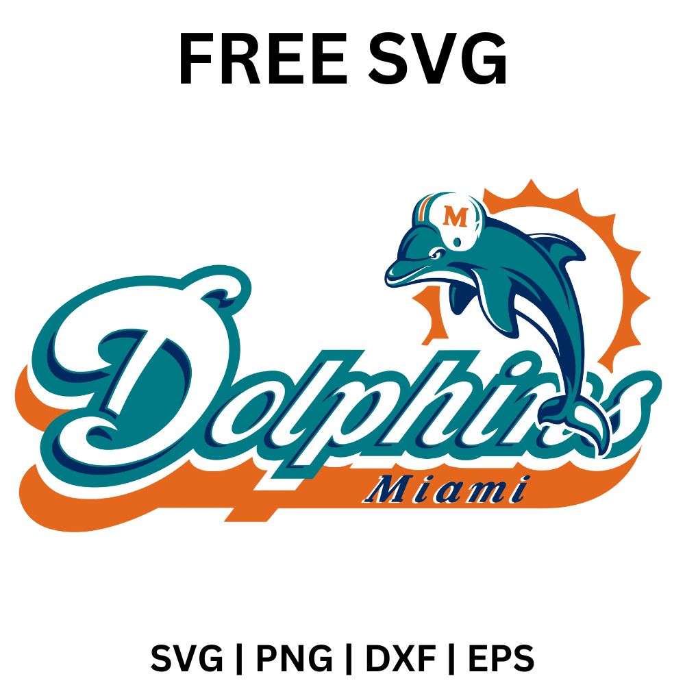 Aqua retro script lettering with an orange swoosh underline and a leaping dolphin in a helmet above it, free retro dolphin script SVG cut file preview.