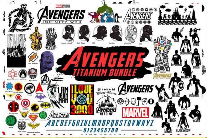 Avengers Titanium bundle collage with Infinity War logos, Thanos, Iron Man, Thor, Black Widow and superhero silhouettes