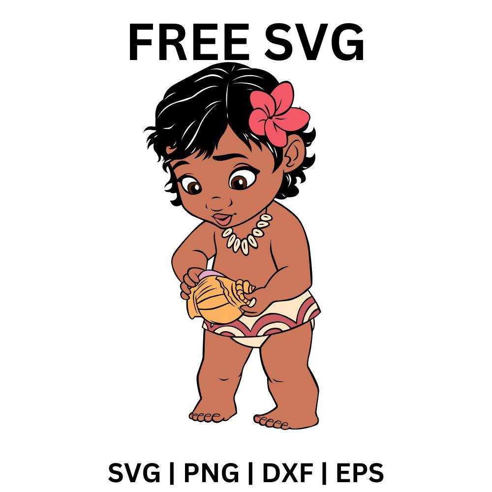 Baby island girl with a pink hibiscus in her curly hair and a shell necklace holding a golden seashell, free baby island girl SVG cut file preview.