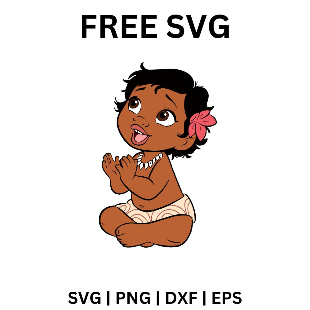 Excited baby island girl with a pink flower in her hair sitting and clapping her hands while looking up, free baby island girl SVG cut file preview.