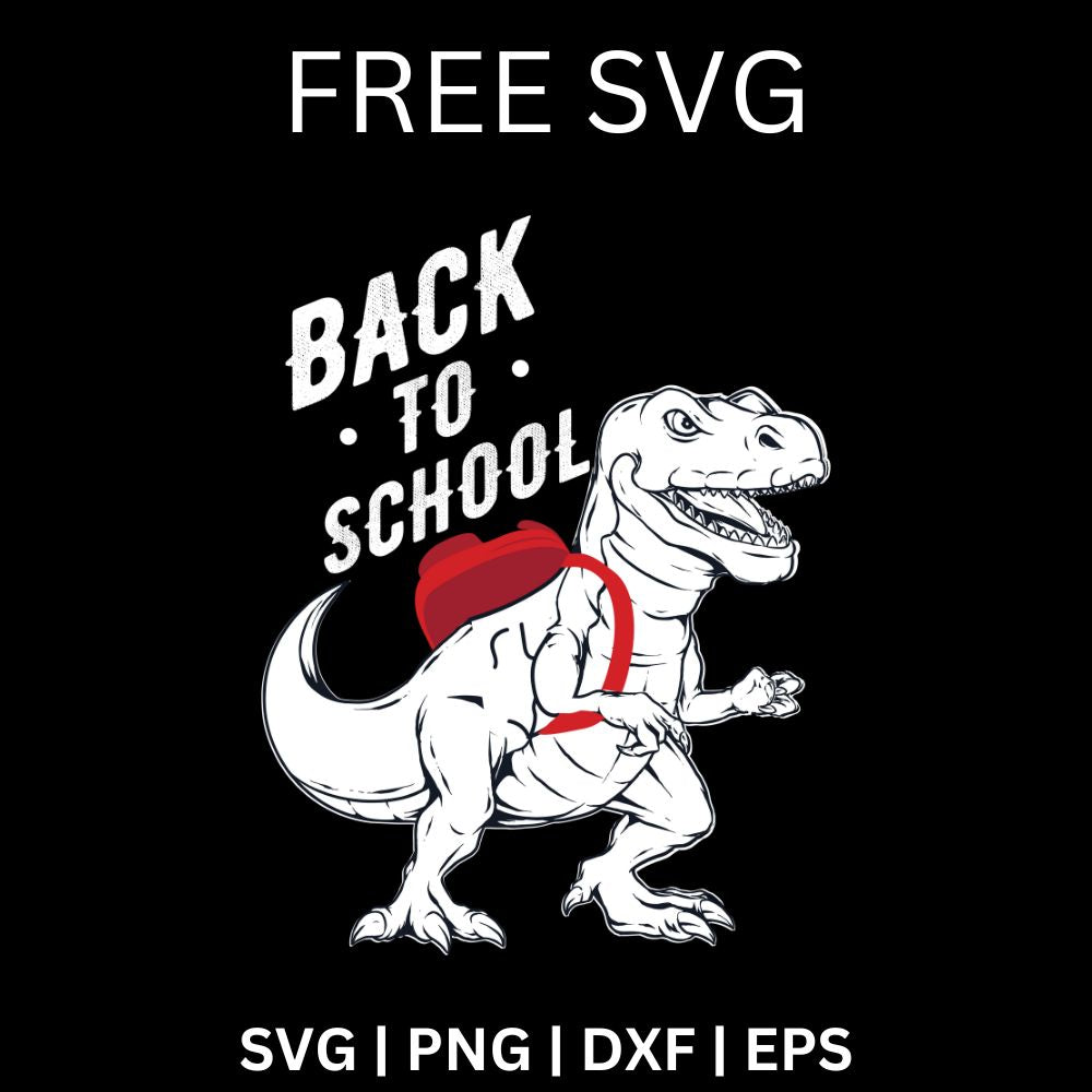 White T rex dinosaur wearing a red backpack beside distressed Back To School lettering on a black background, free dinosaur back to school SVG cut file preview.