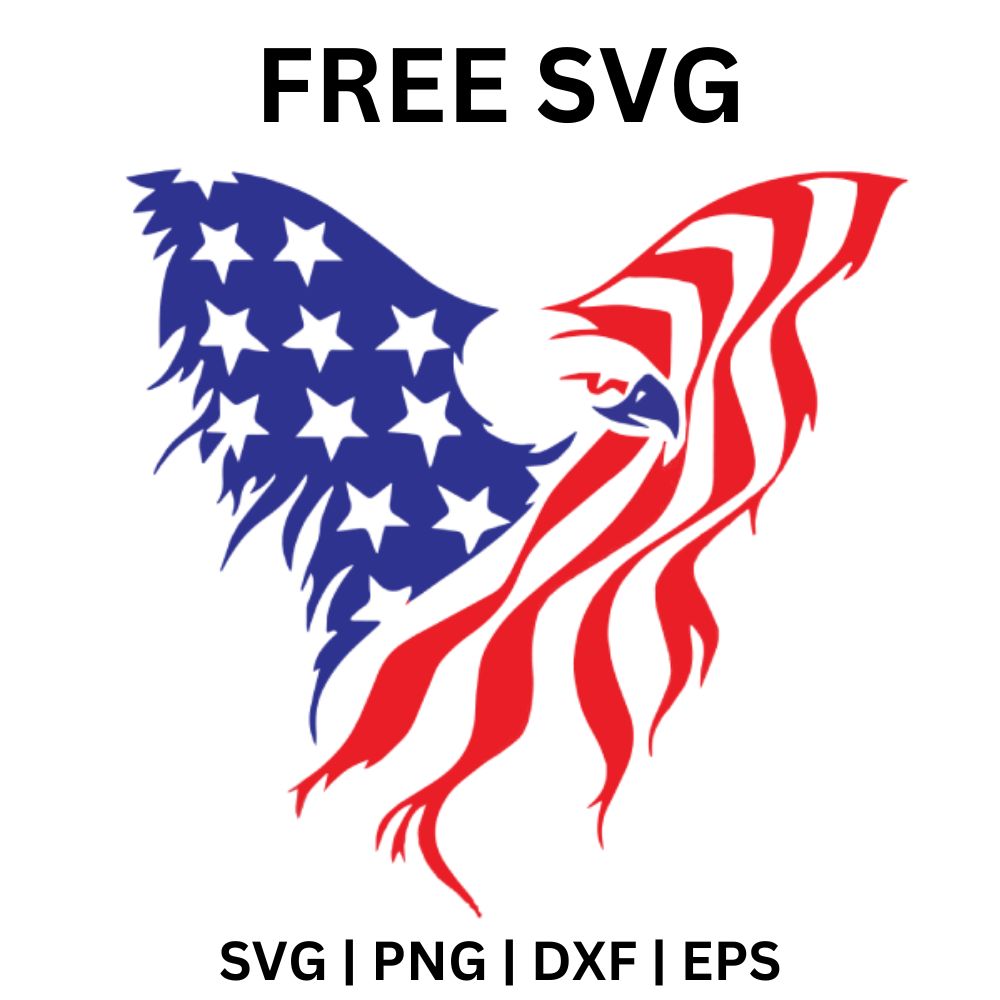 Bald eagle head with swept back wings filled with red stripes and navy starred feathers, free American flag eagle SVG cut file preview.