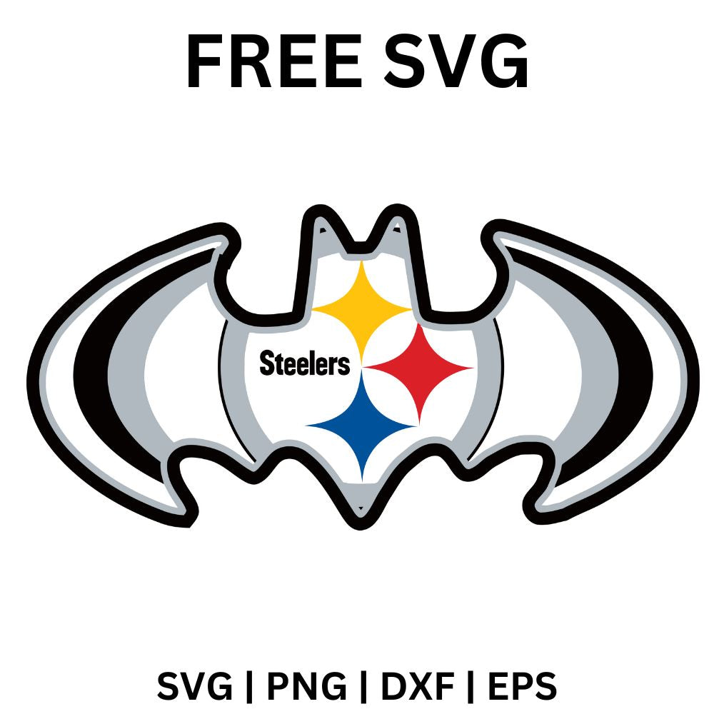Black and gray bat wing silhouette framing a white circle with team text and yellow, red and blue four point star shapes, free bat wing football SVG cut file preview.