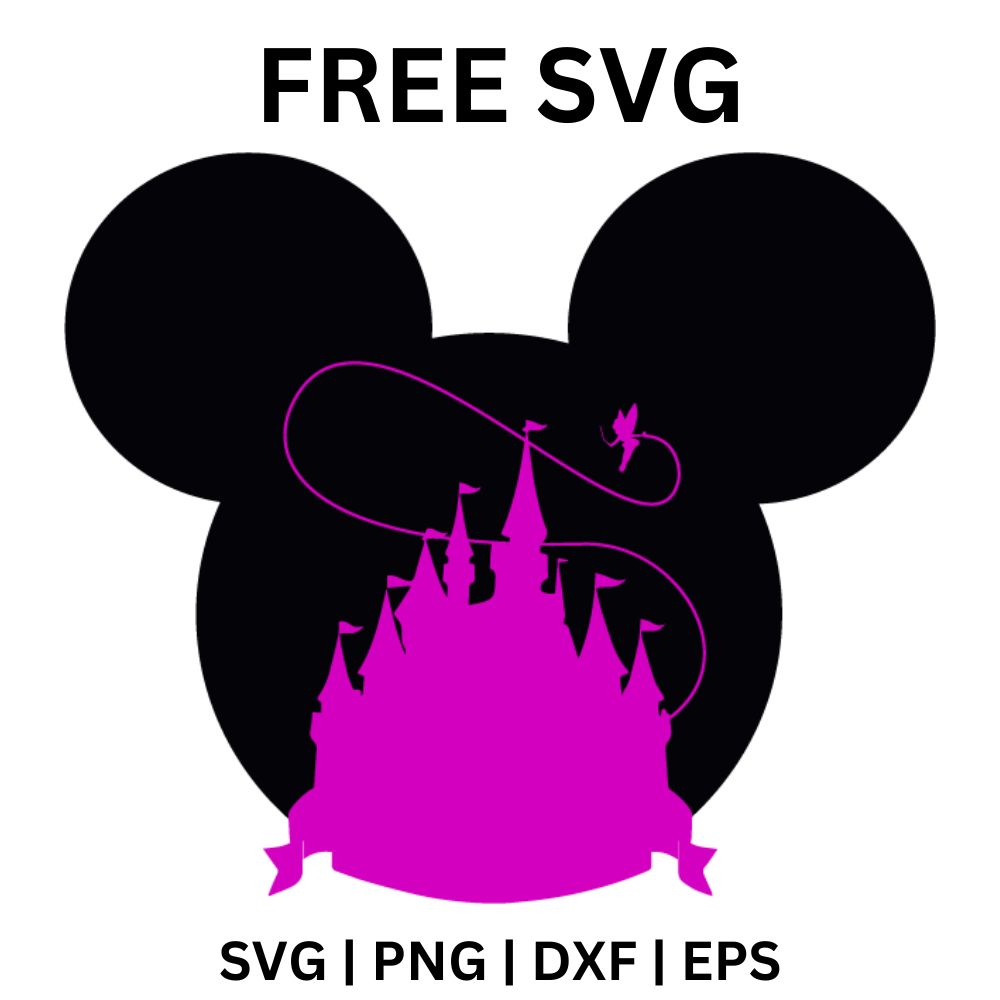 Black mouse ears head silhouette with a pink castle, a pink fairy trailing a looping swirl and a pink ribbon banner at the base, free castle SVG cut file preview.