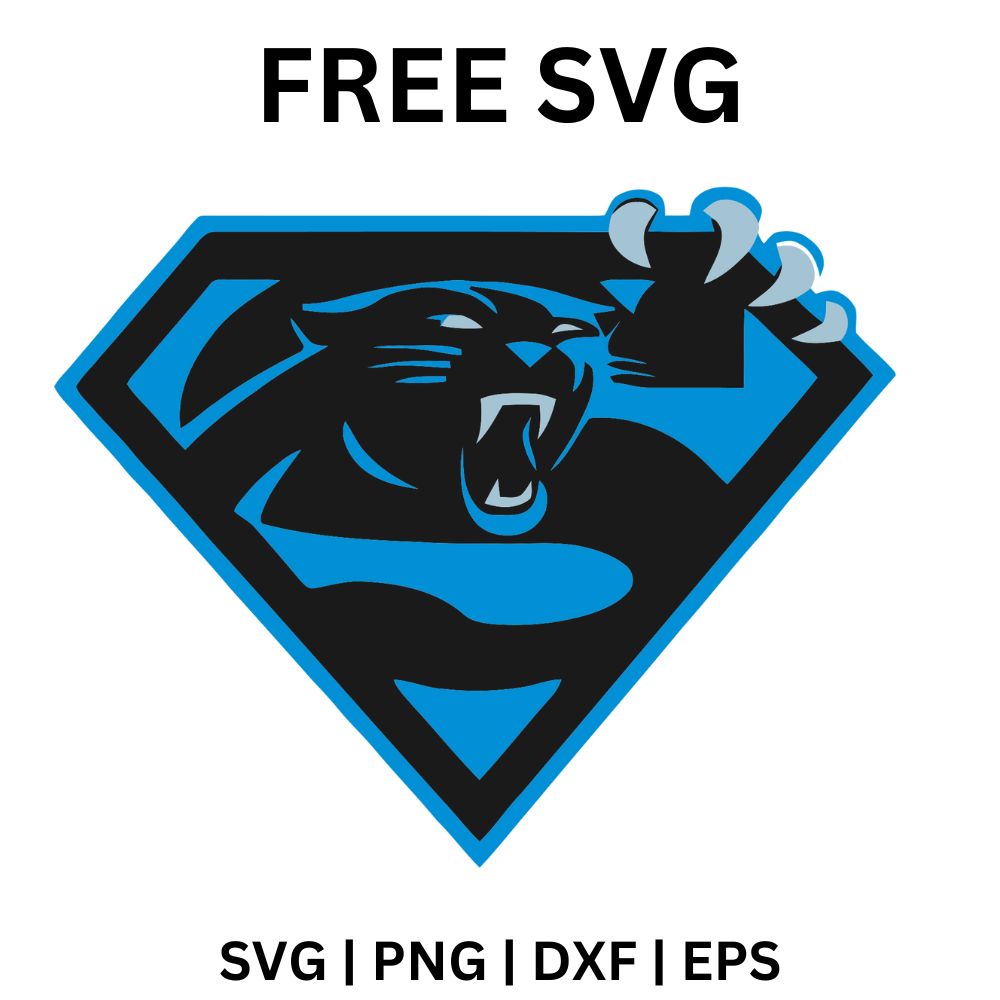 Snarling black panther head with a raised claw inside a blue and black superhero-style diamond shield, free panther shield emblem SVG cut file preview.
