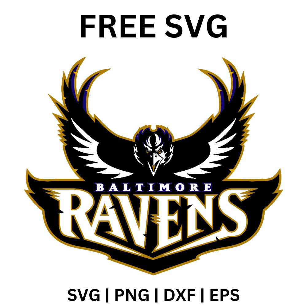 Black raven with spread wings and gold accents above an arched purple and black team wordmark with a small city name, free raven wings football SVG cut file preview.