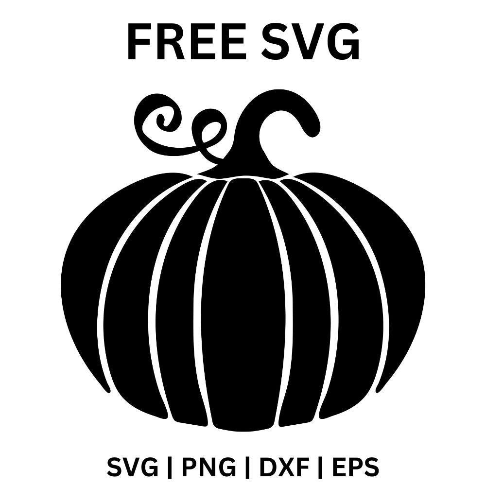 Black pumpkin silhouette with white vertical rib stripes and a curved stem with curly vine tendrils, free fall pumpkin SVG cut file preview.
