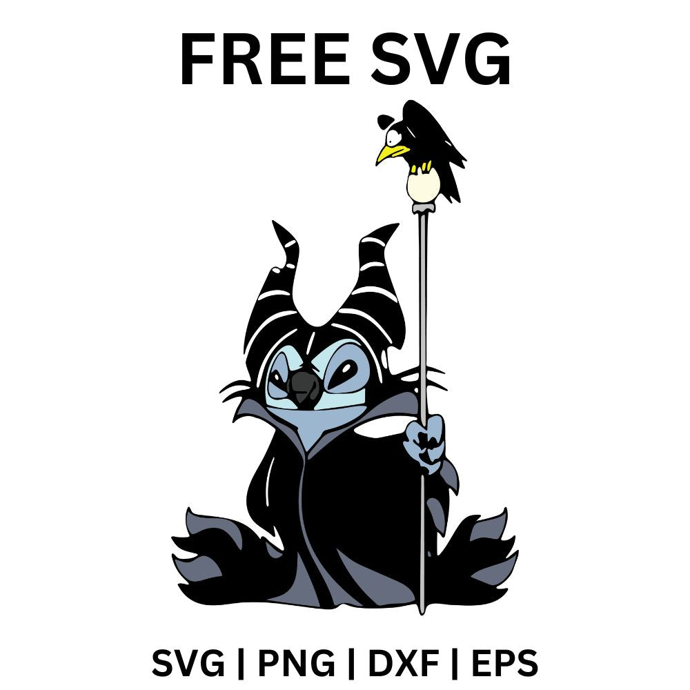 Blue alien creature in a black horned sorceress costume holding a staff topped by a black raven, free villain costume alien SVG cut file preview.