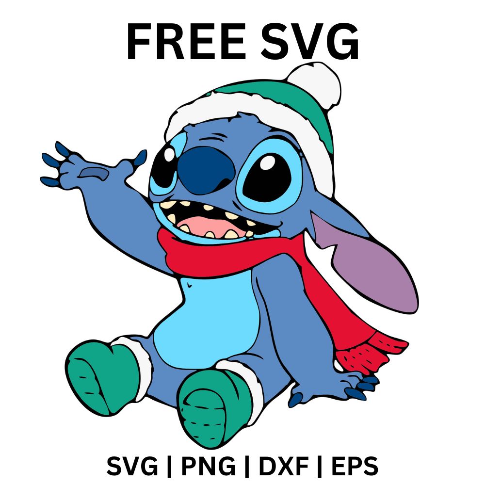 Happy blue alien creature in a teal pom pom beanie and long red scarf sitting and waving, free winter alien SVG cut file preview.