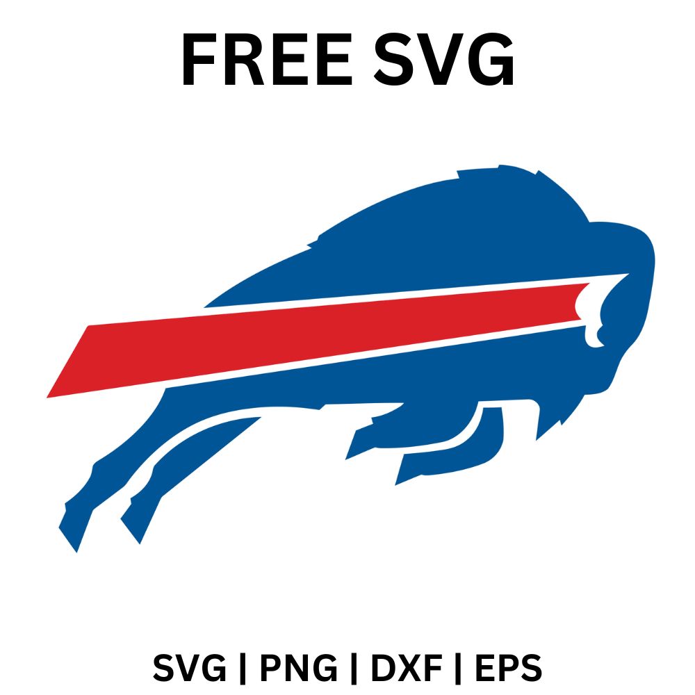 Blue charging buffalo silhouette with a bold red speed stripe running along its side, free football buffalo SVG cut file preview.