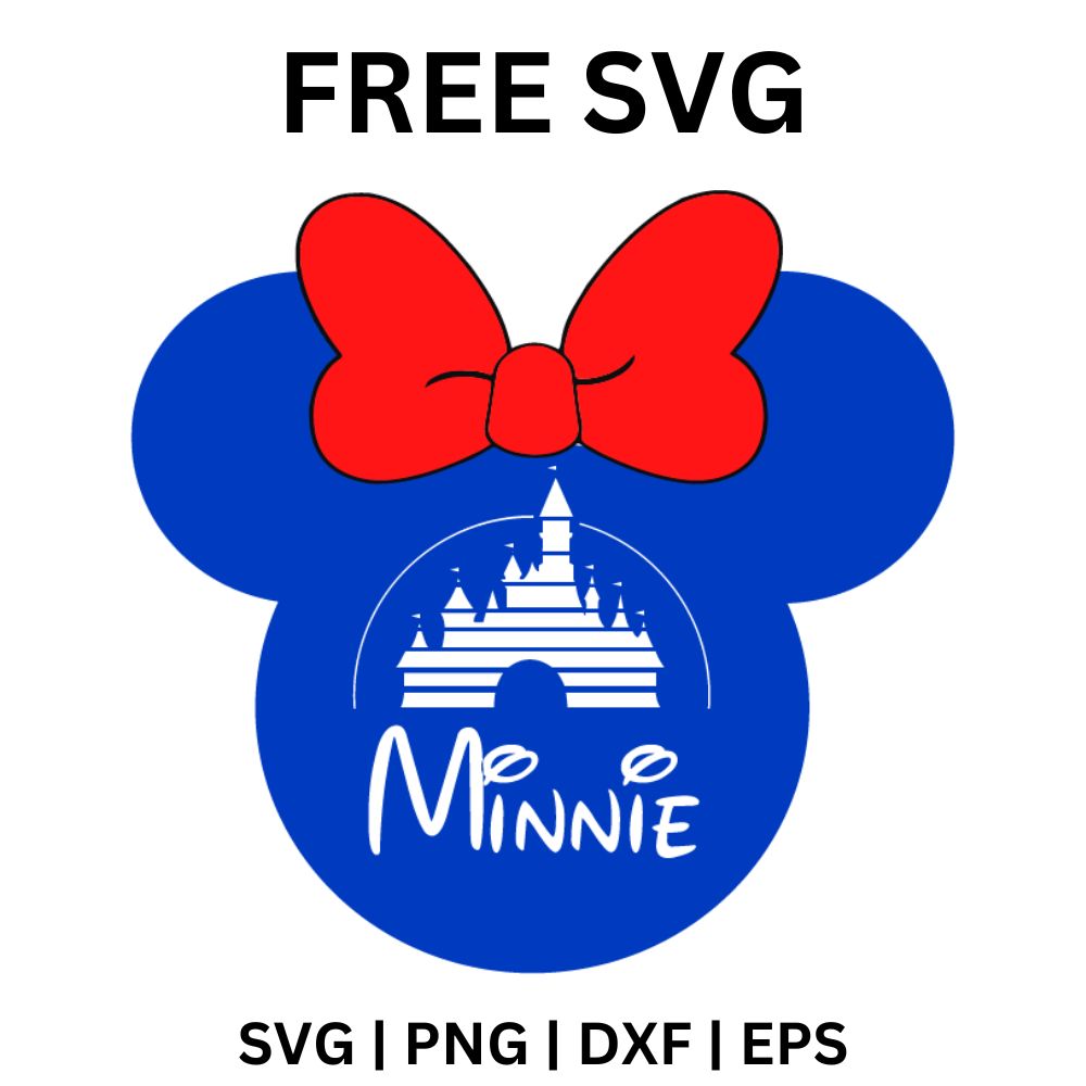 Blue mouse ears head with a big red bow, a white castle and white script name lettering inside, free castle SVG cut file preview.