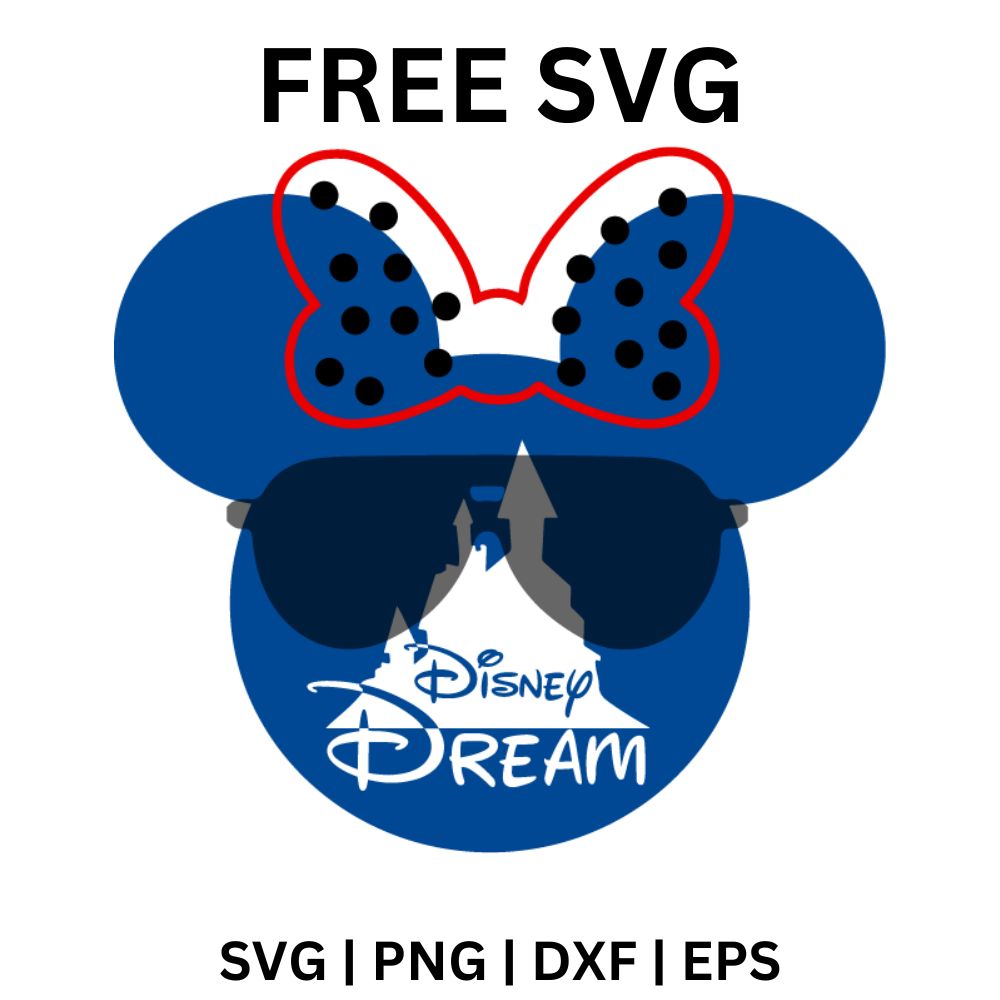 Blue mouse ears head with a red outlined polka dot bow, dark aviator sunglasses, a white castle and white Dream script lettering, free castle SVG cut file preview.
