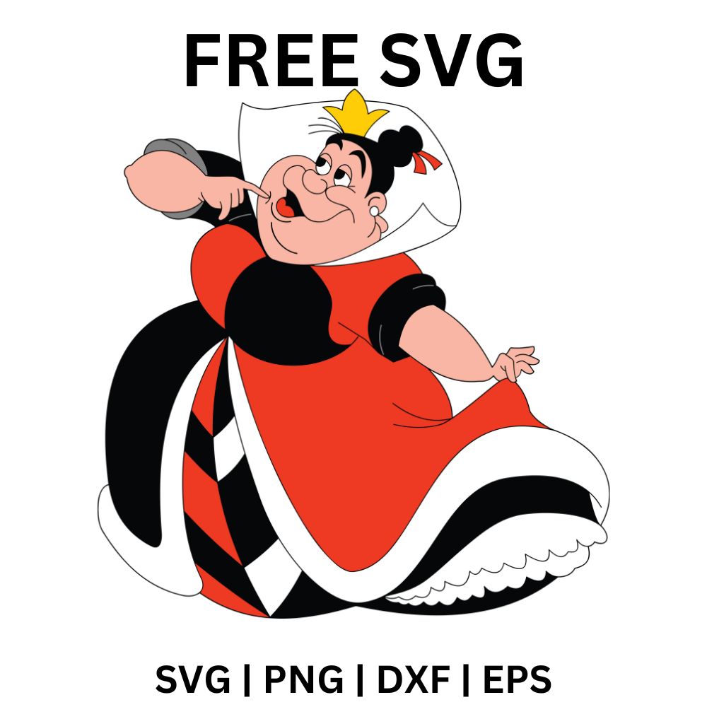 Bossy cartoon card queen with a tiny gold crown and tall collar in a red and black heart patterned gown waving her hand, free card queen SVG cut file preview.