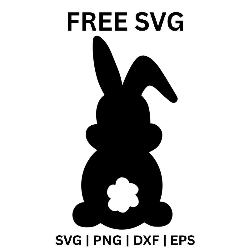 Black Easter bunny silhouette seen from behind with one ear upright and one folded over, a round body and a white flower-shaped tail, free Easter bunny SVG cut file preview.