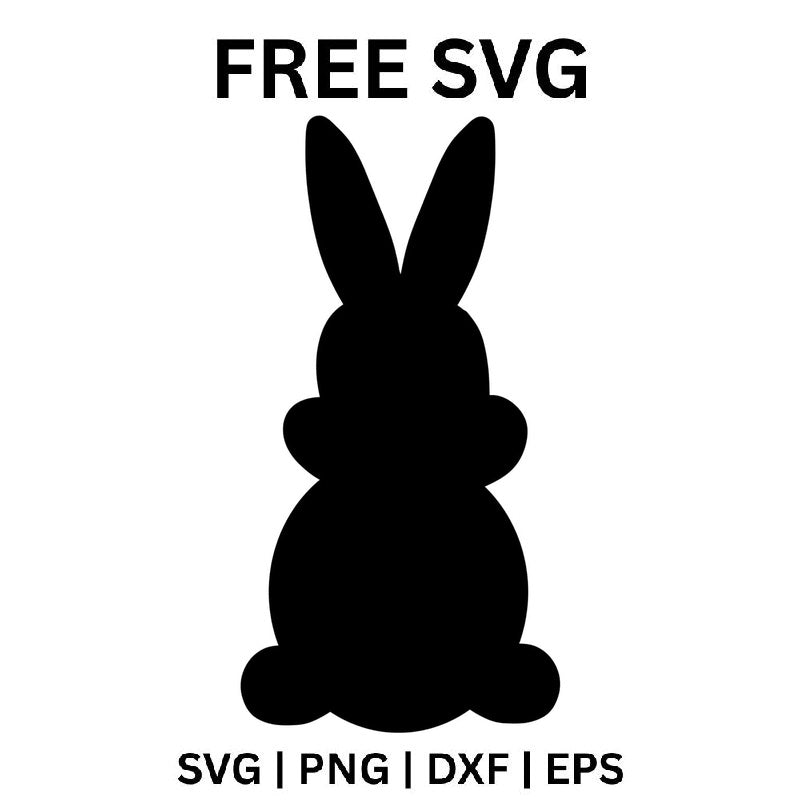 Black bunny silhouette seen from behind with two tall pointed ears, a round body, a fluffy round tail and little feet showing, free Easter bunny SVG cut file preview.