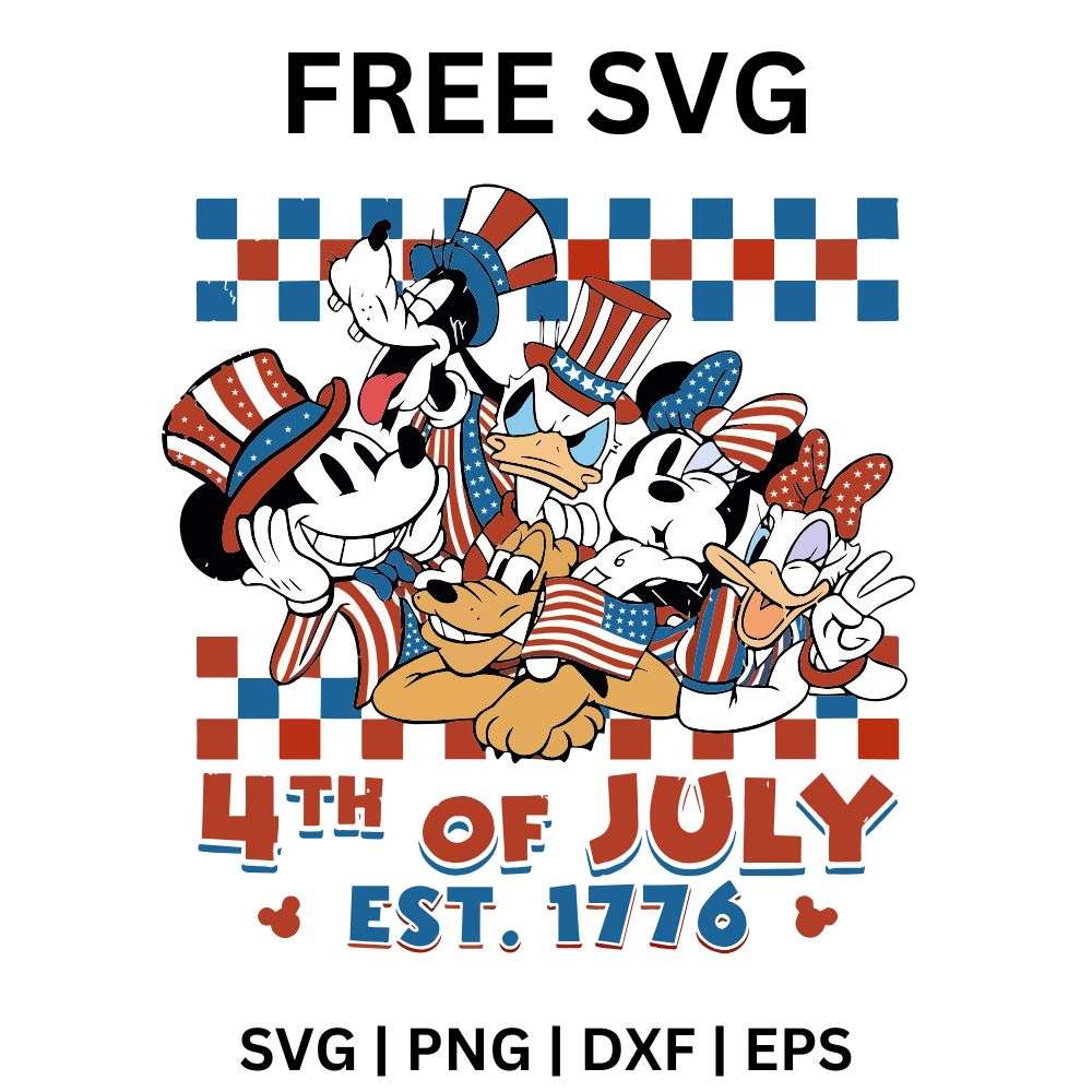 Cartoon mouse, dog and duck friends in colonial and stars and stripes hats over a red and blue checkered backdrop with red 4th of July EST 1776 lettering, free colonial Fourth of July SVG cut file preview.