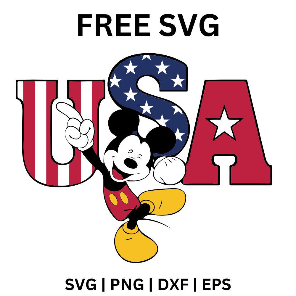 Cheerful cartoon mouse pointing up in front of big USA letters filled with stars and stripes, free patriotic cartoon mouse SVG cut file preview.