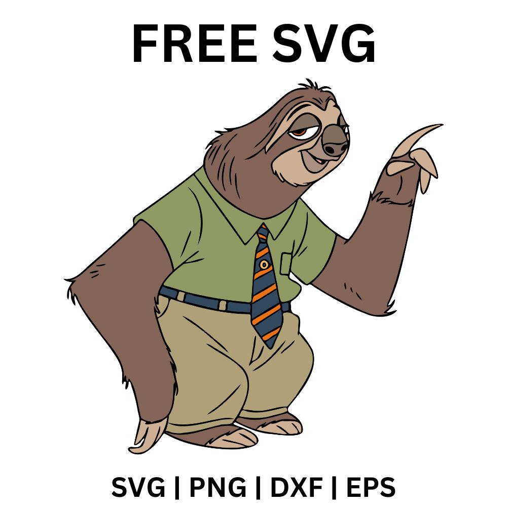 Slow smiling cartoon sloth in a green office shirt and tie pointing one long claw upward, free cartoon sloth SVG cut file preview.