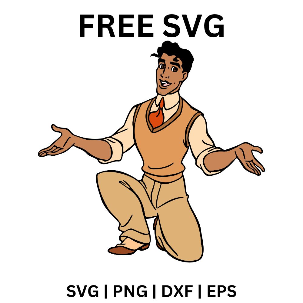 Charming cartoon prince in a sweater vest kneeling on one knee with arms spread wide and a confident smile, free prince SVG cut file preview.