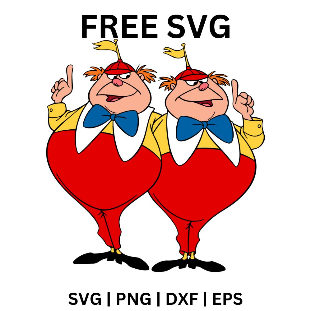 Chubby cartoon twin brothers in red and yellow outfits with propeller caps and blue bow ties pointing upward, free funny twins SVG cut file preview.