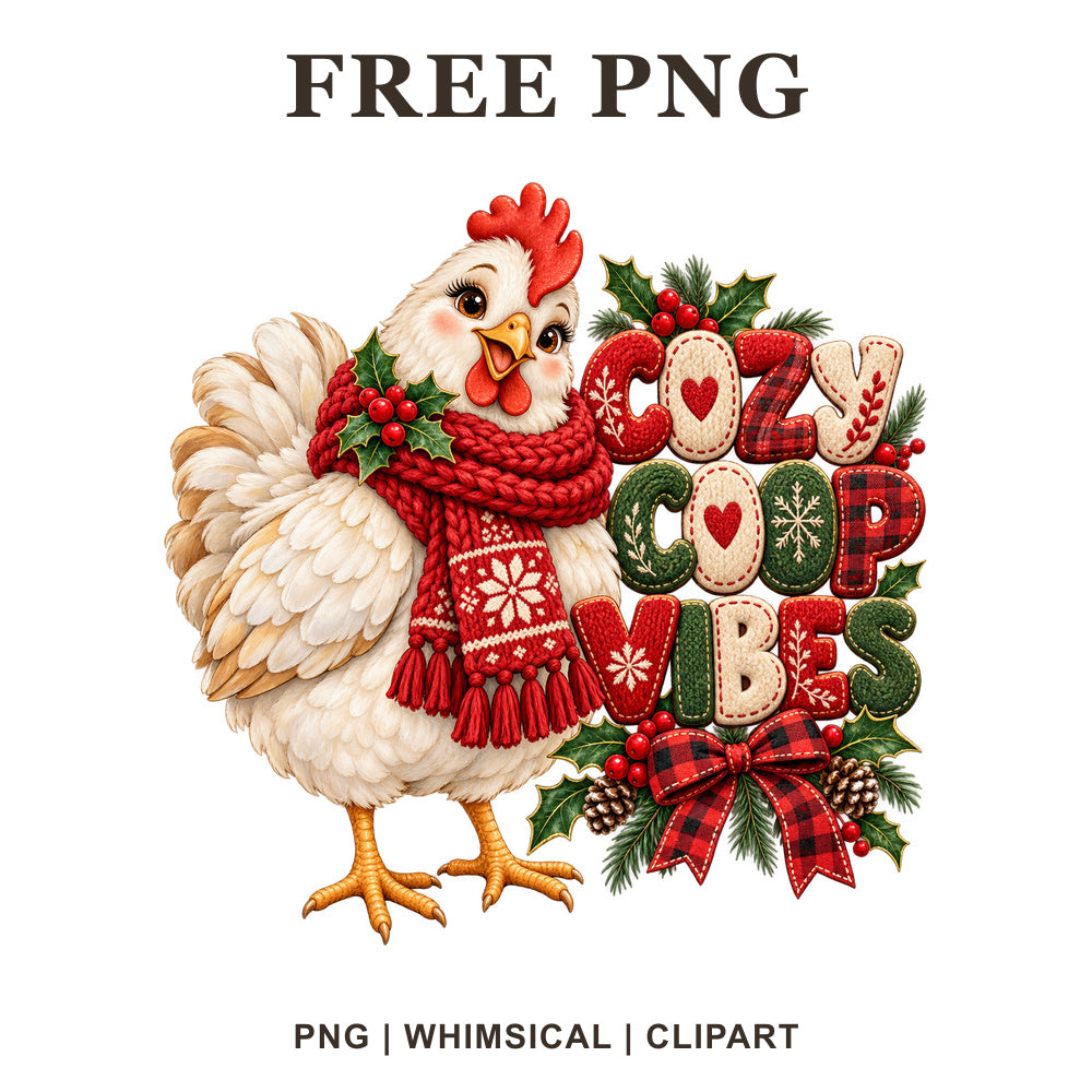 White chicken in a red knit scarf with holly, pinecones and Cozy Coop Vibes holiday lettering, free Christmas PNG