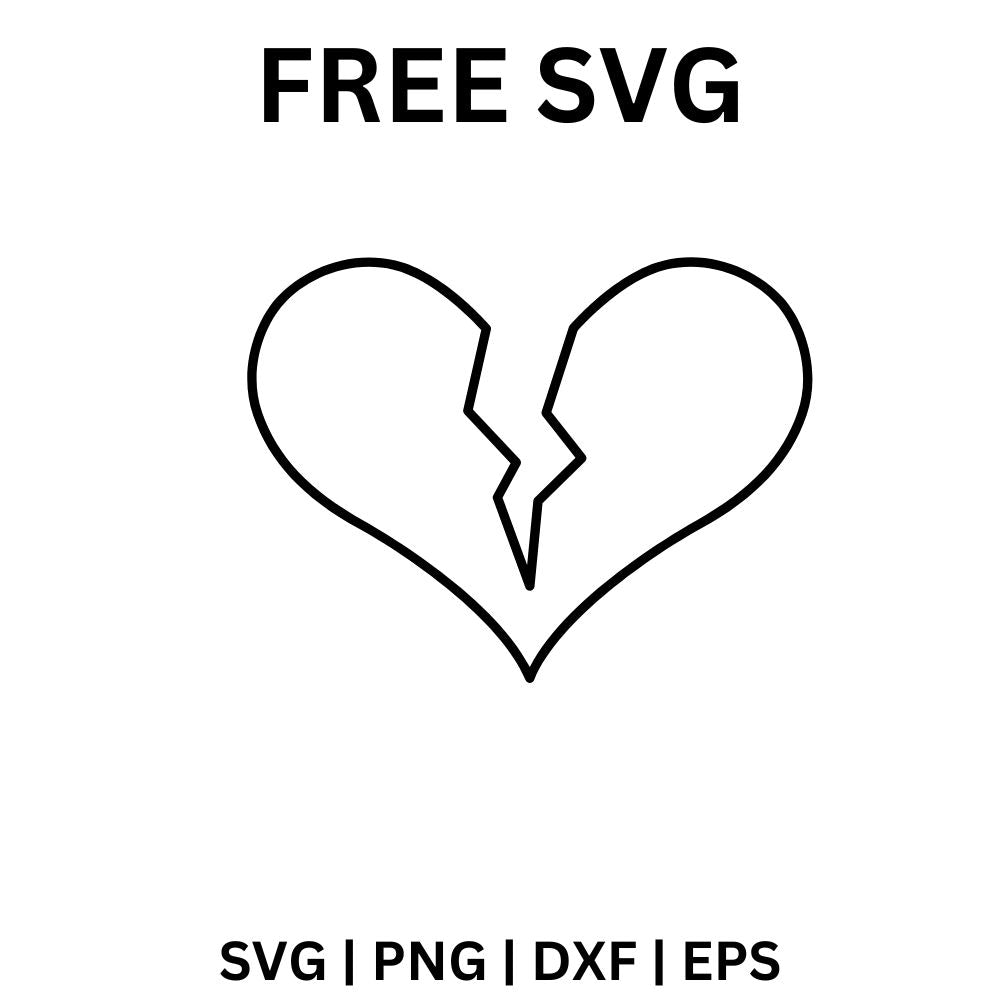Simple black outline of a heart split down the middle by a jagged crack, free broken heart SVG cut file preview.