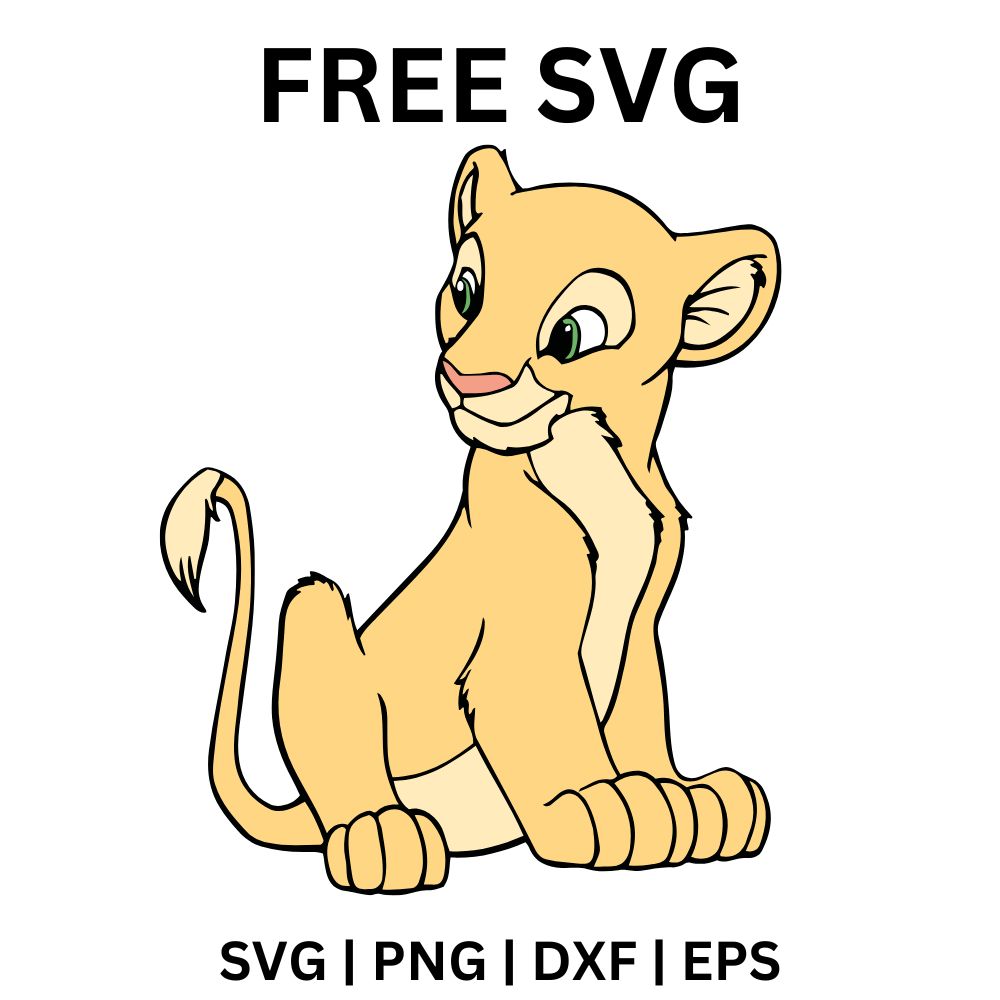 Cream colored lioness cub with teal eyes sitting upright and glancing sideways with a sweet smile, free lioness cub SVG cut file preview.