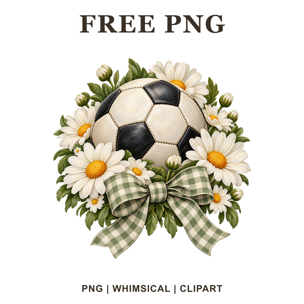 Soccer ball with daisies and a gingham pattern, floral soccer PNG clipart.