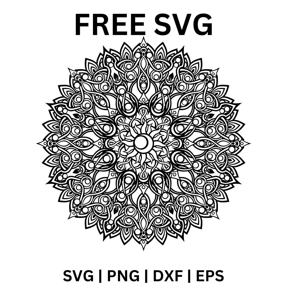 Black and white round lace mandala with dense swirls, teardrop petals and a flower center, free lace mandala SVG cut file preview.