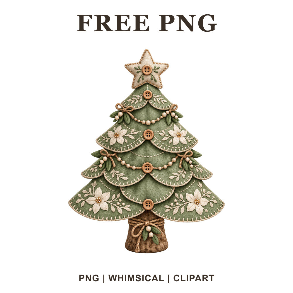 Sage green linen Christmas tree with embroidered white flowers, buttons and a fabric star, free PNG clipart preview