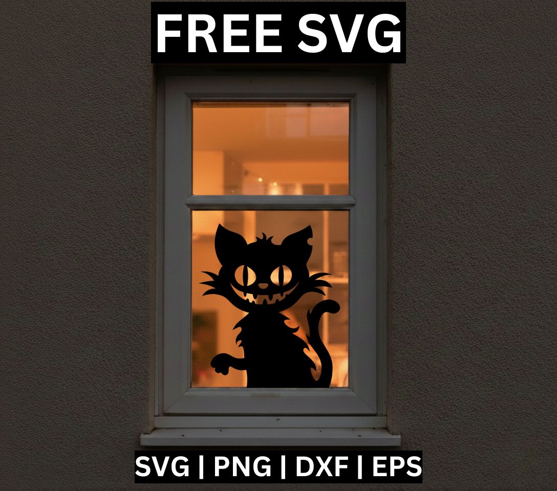 Black evil cat silhouette with glowing eyes and a wide toothy grin peeking up with one paw raised, shown as a window cling on a warmly lit window, free Halloween window decoration SVG cut file preview.