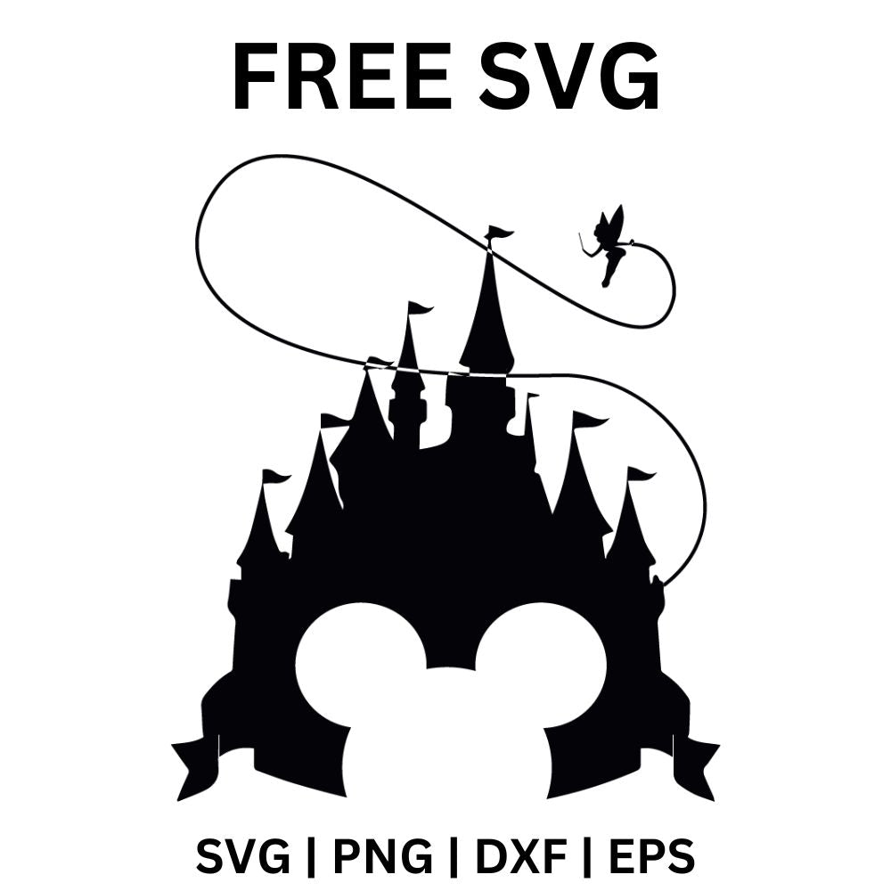 Black fairytale castle silhouette with a mouse ears cutout at the base and a flying fairy trailing a looping swirl around the towers, free castle SVG cut file preview.