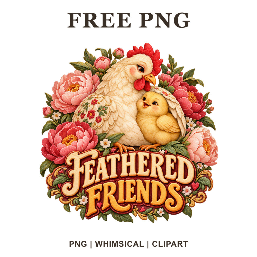 White hen with a yellow chick among pink peonies and green leaves above Feathered Friends lettering, free chicken PNG