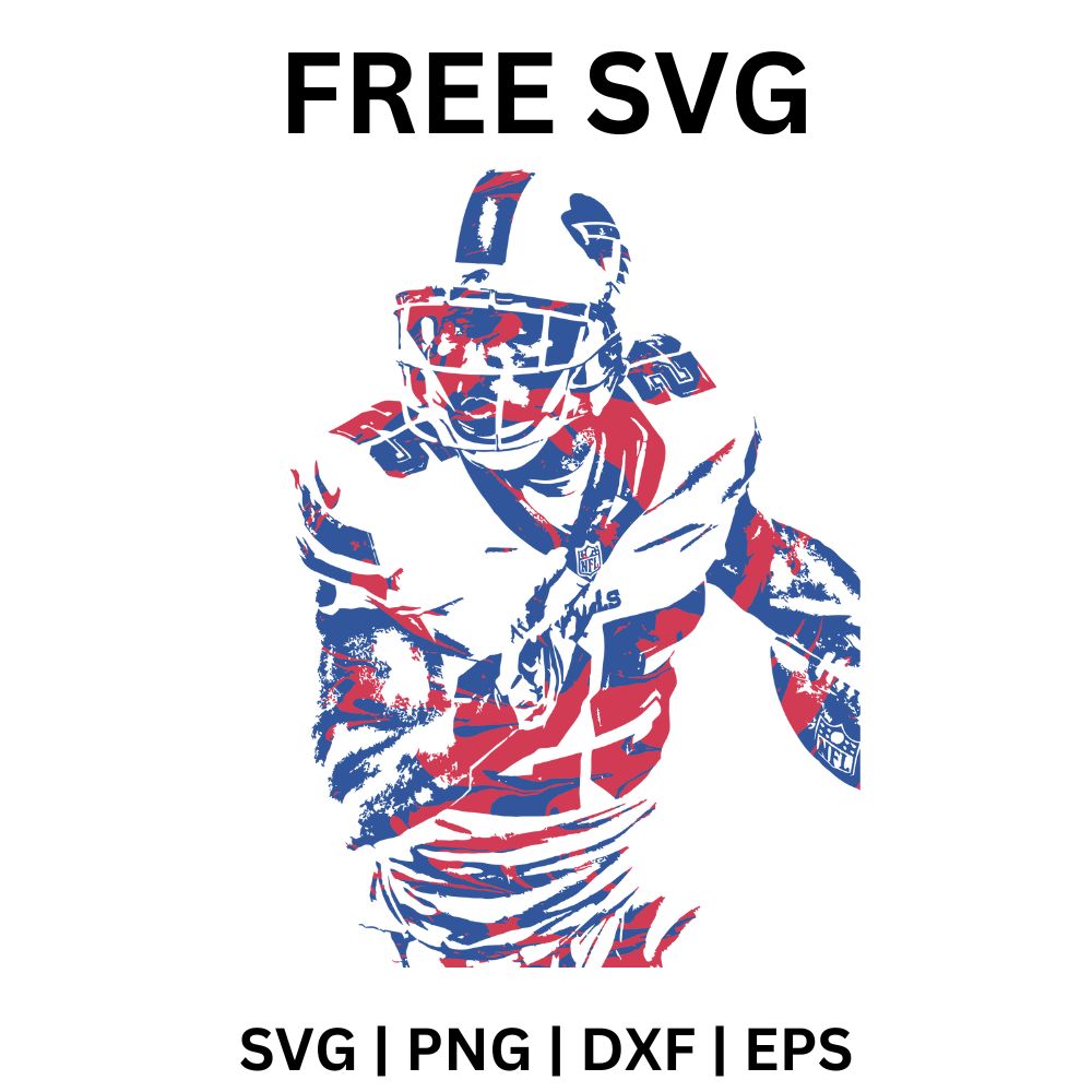 Football player in helmet and pads rendered in a distressed blue and red brushstroke style, free football player SVG cut file preview.