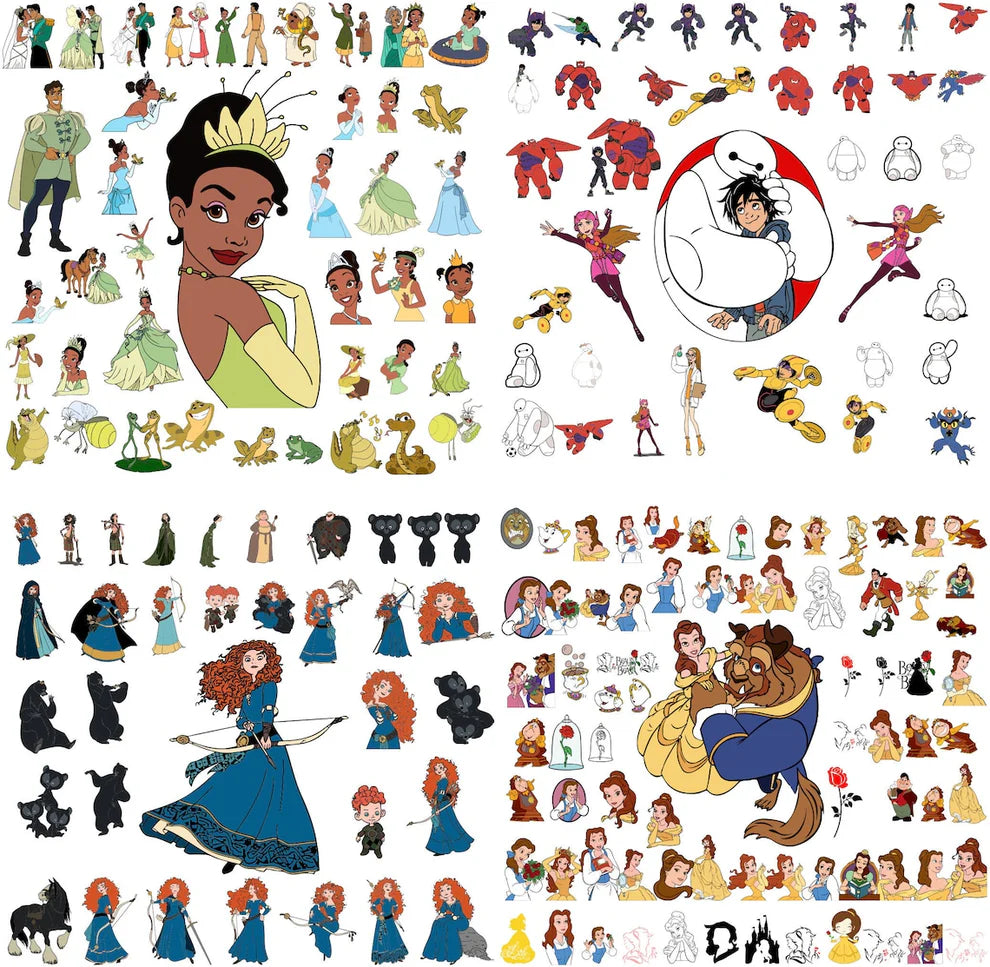 Four-part collage of animated characters: a princess in a green gown with frogs, a white inflatable robot with a boy hero, a red-haired archer girl with bears, and a girl in a yellow gown with a beast and rose, free animated characters bundle SVG cut file preview.