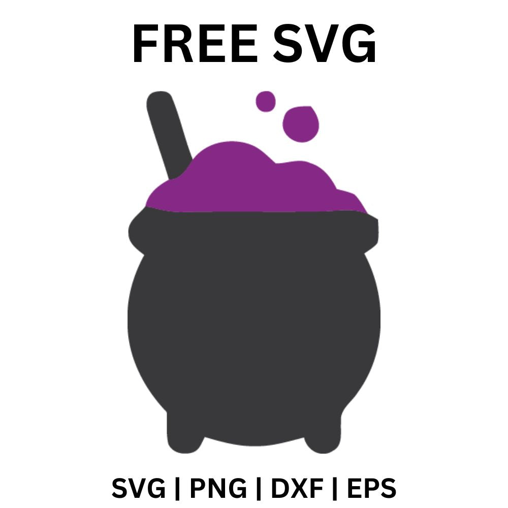 Dark gray cauldron overflowing with bubbling purple potion and a stirring spoon sticking out, free potion cauldron SVG cut file preview.